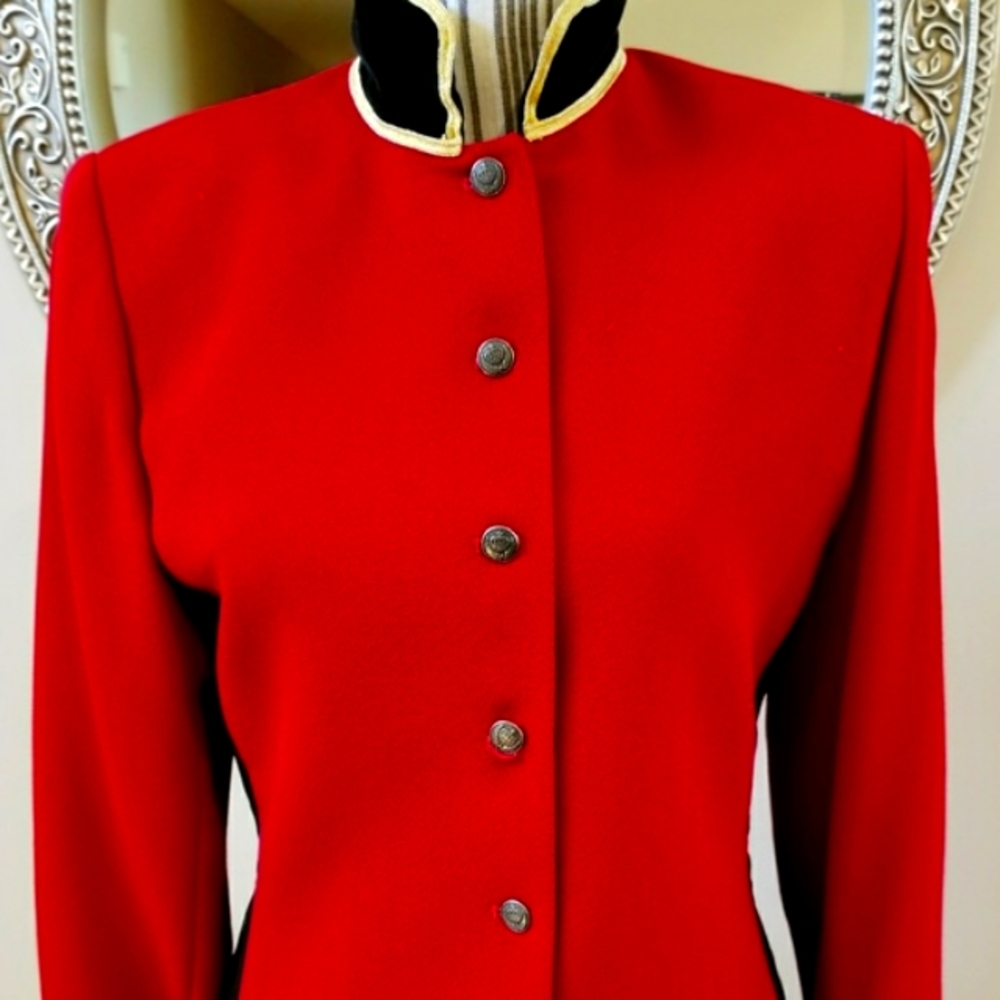 Ellen Tracy Company Red Wool Military Jacket with Velvet Trim & Gold Buttons.